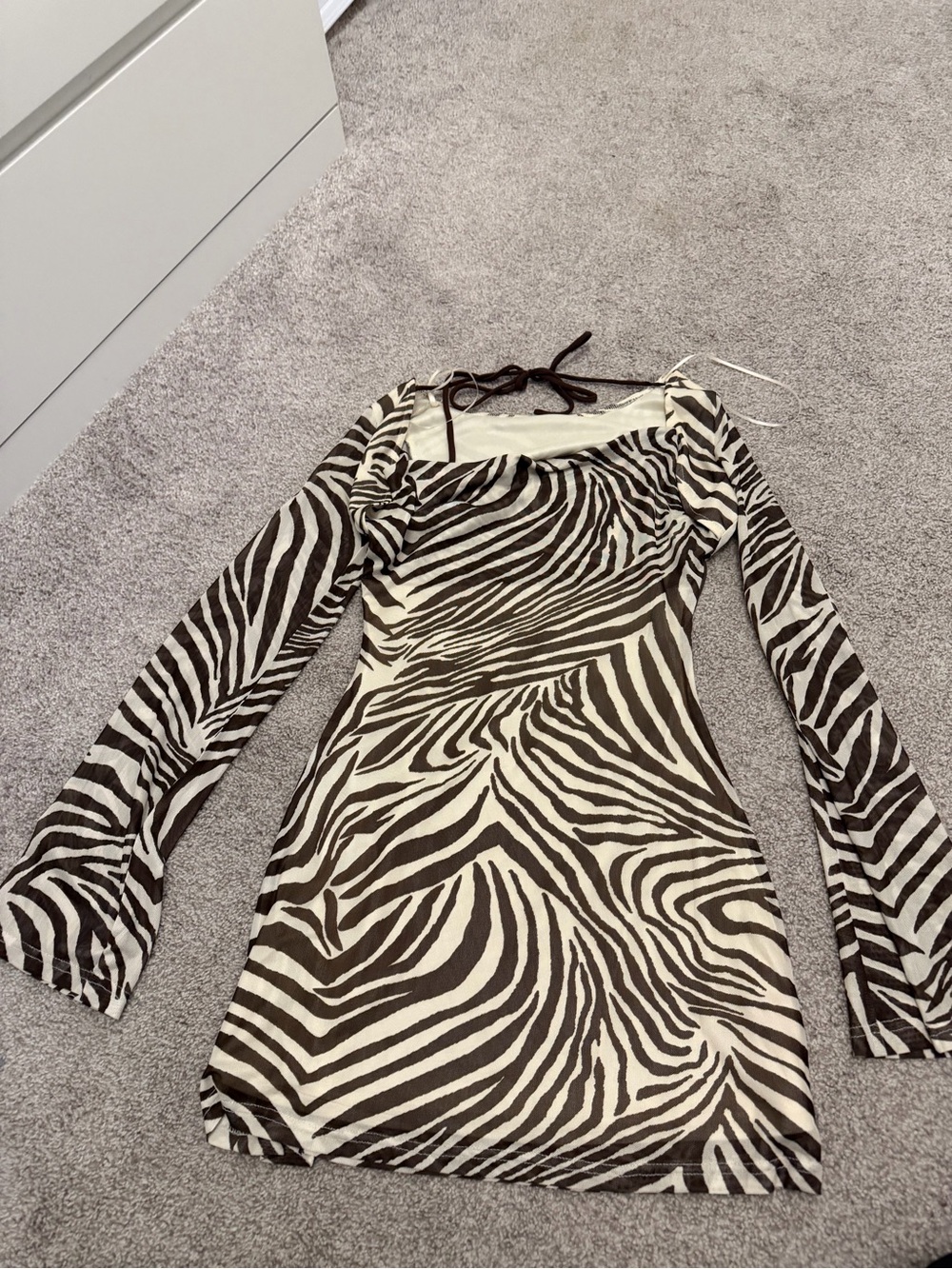 Zebra-Print Long Sleeve Mini Dress - Cream & Brown